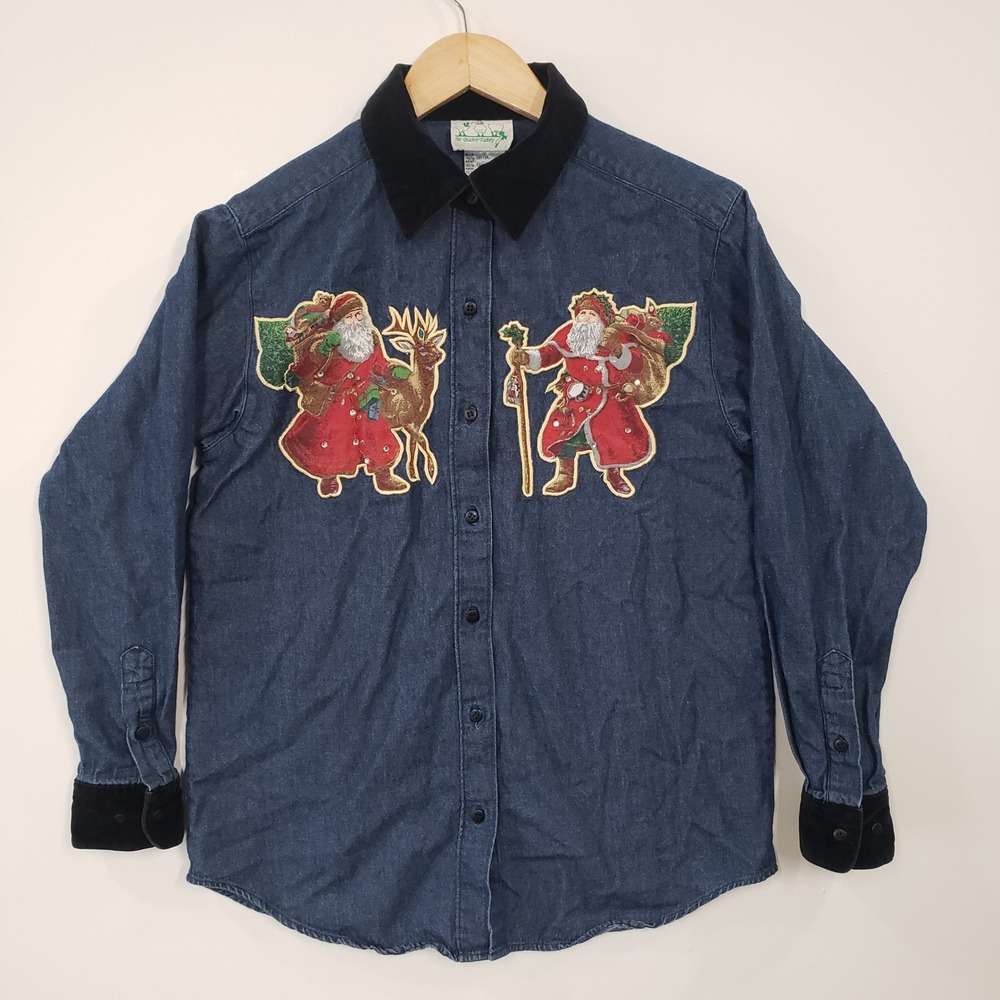 The Quacker Factory Denim Christmas Shirt Small Santa‎ Reindeer Vintage Kitschy
